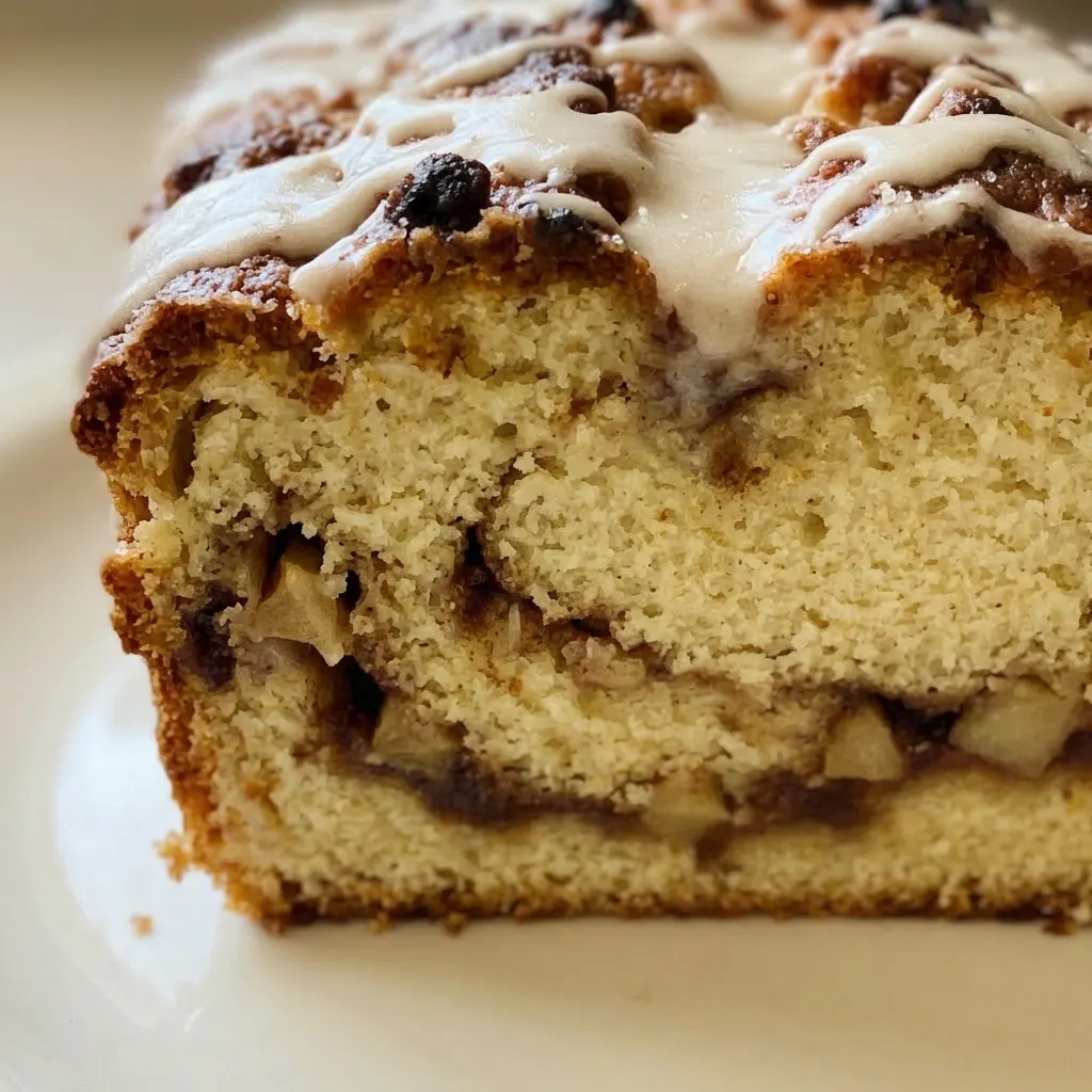 Macro detail of apple fritter bread with visible apple chunks, brown sugar crumble, and powdered sugar dusting.