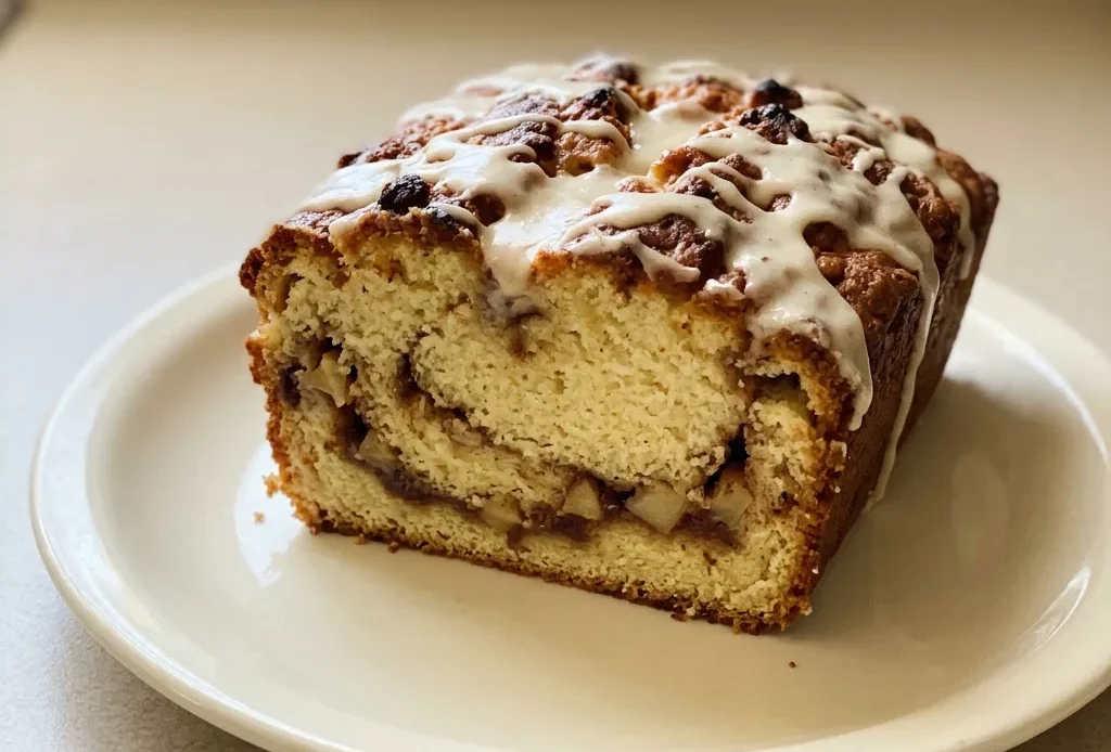 Top-down look at apple fritter bread topped with apple butter glaze and cinnamon powder.