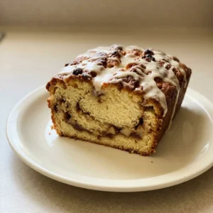 Top-down look at apple fritter bread topped with apple butter glaze and cinnamon powder.