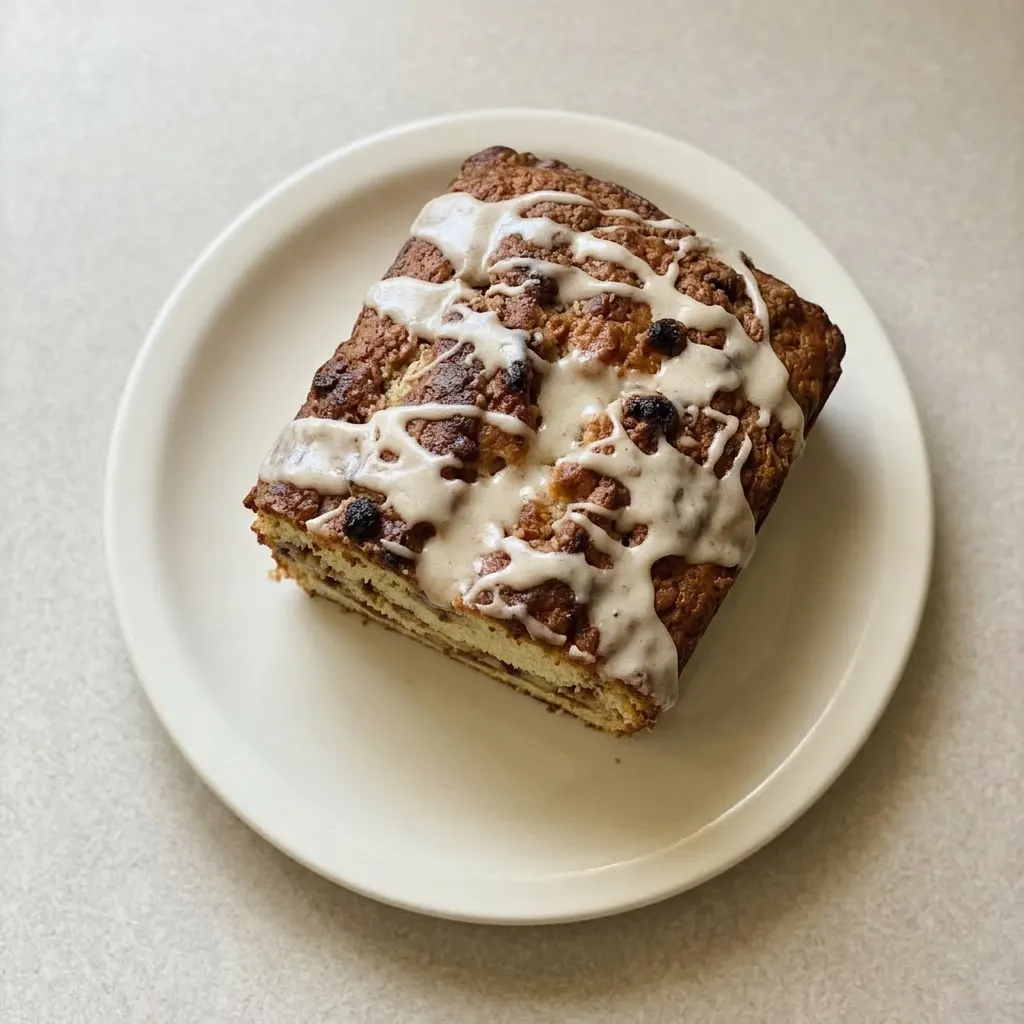 A serving of apple fritter bread drizzled with apple butter icing and sprinkled with cinnamon.