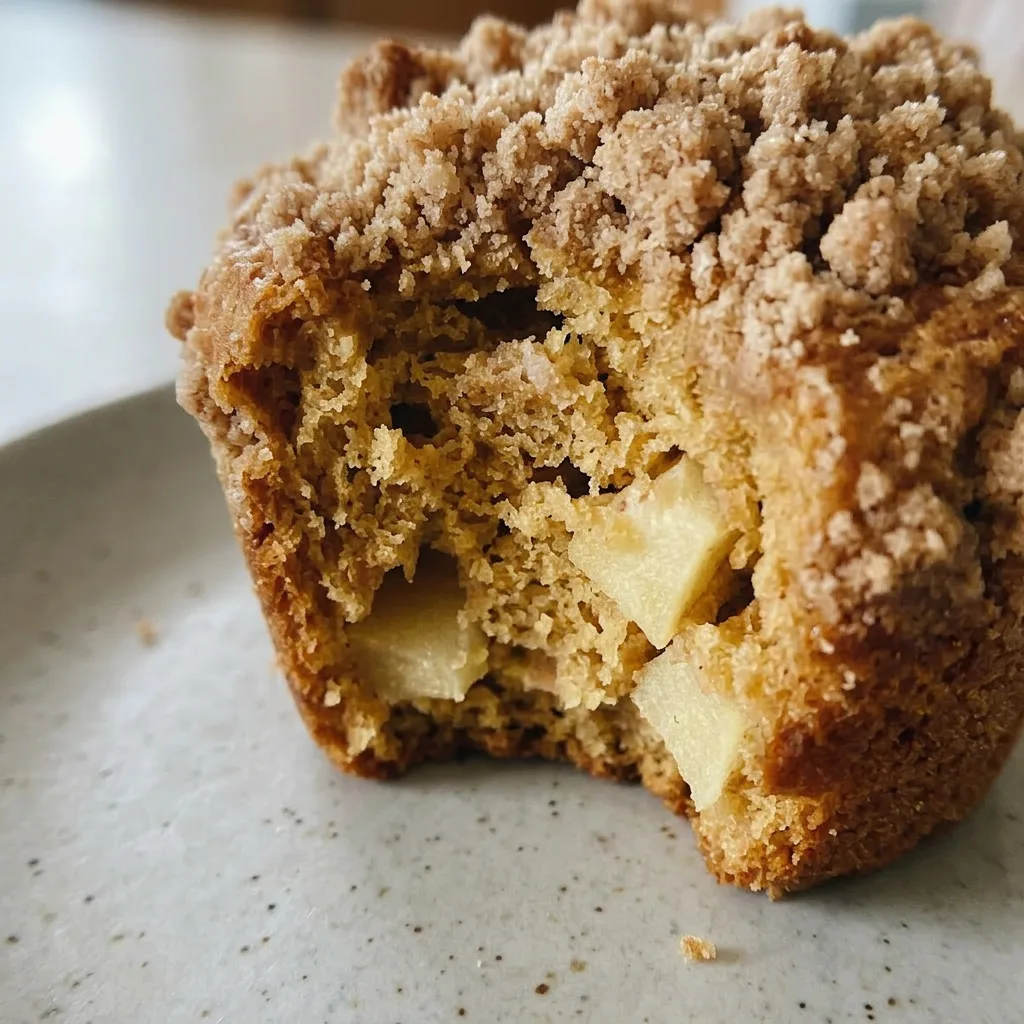 Up close, a muffin shows a golden-brown streusel crust with cinnamon specks and a moist interior with apple chunks.