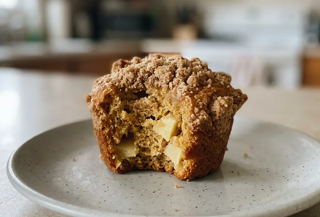 Looking down at a round muffin with a crumbly brown streusel topping and visible apple pieces.