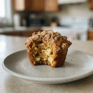 Looking down at a round muffin with a crumbly brown streusel topping and visible apple pieces.