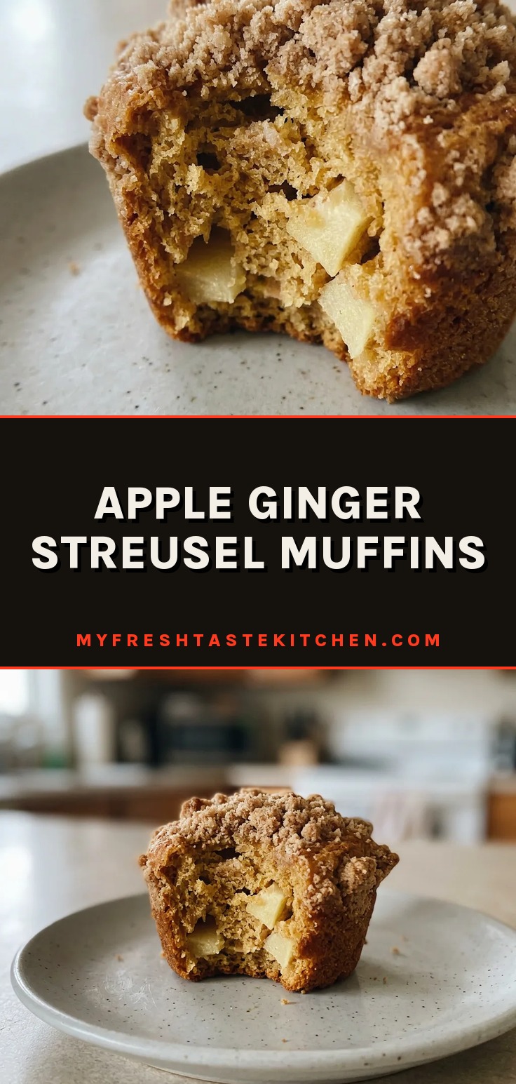 Looking down at a round muffin with a crumbly brown streusel topping and visible apple pieces.