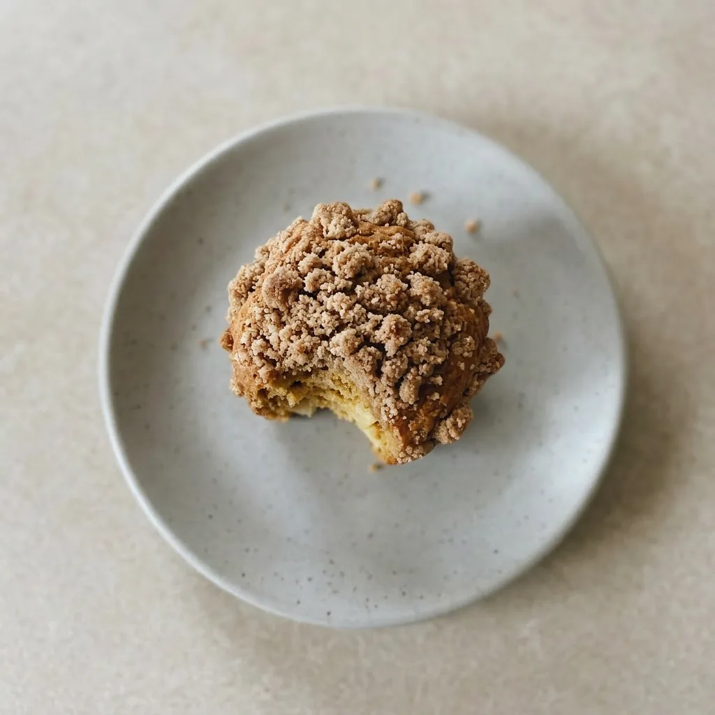 A plate of muffins with streusel topping, each displaying apple bits and a light sour cream glaze.