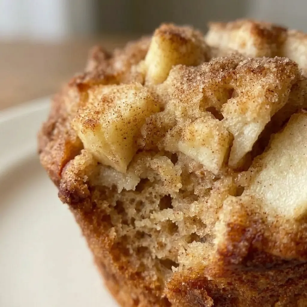Macro detail of a muffin showing apple chunks and a glossy butter top.