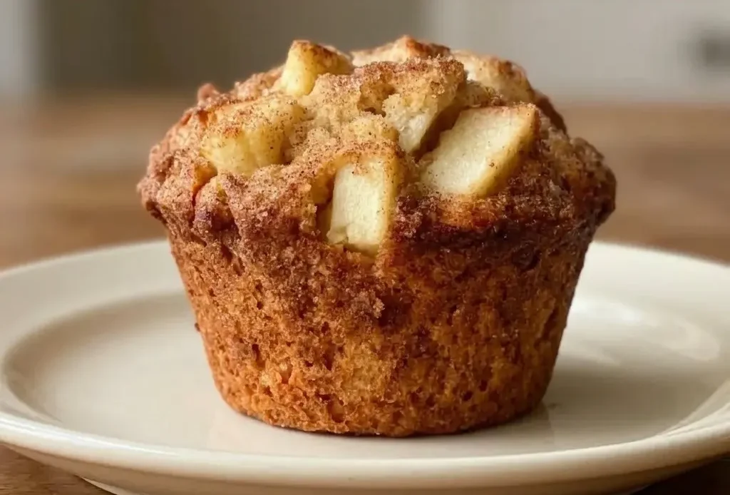 Top-down look at apple muffins with visible cinnamon specks and butter glaze.