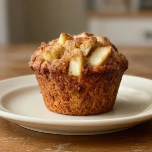 Top-down look at apple muffins with visible cinnamon specks and butter glaze.