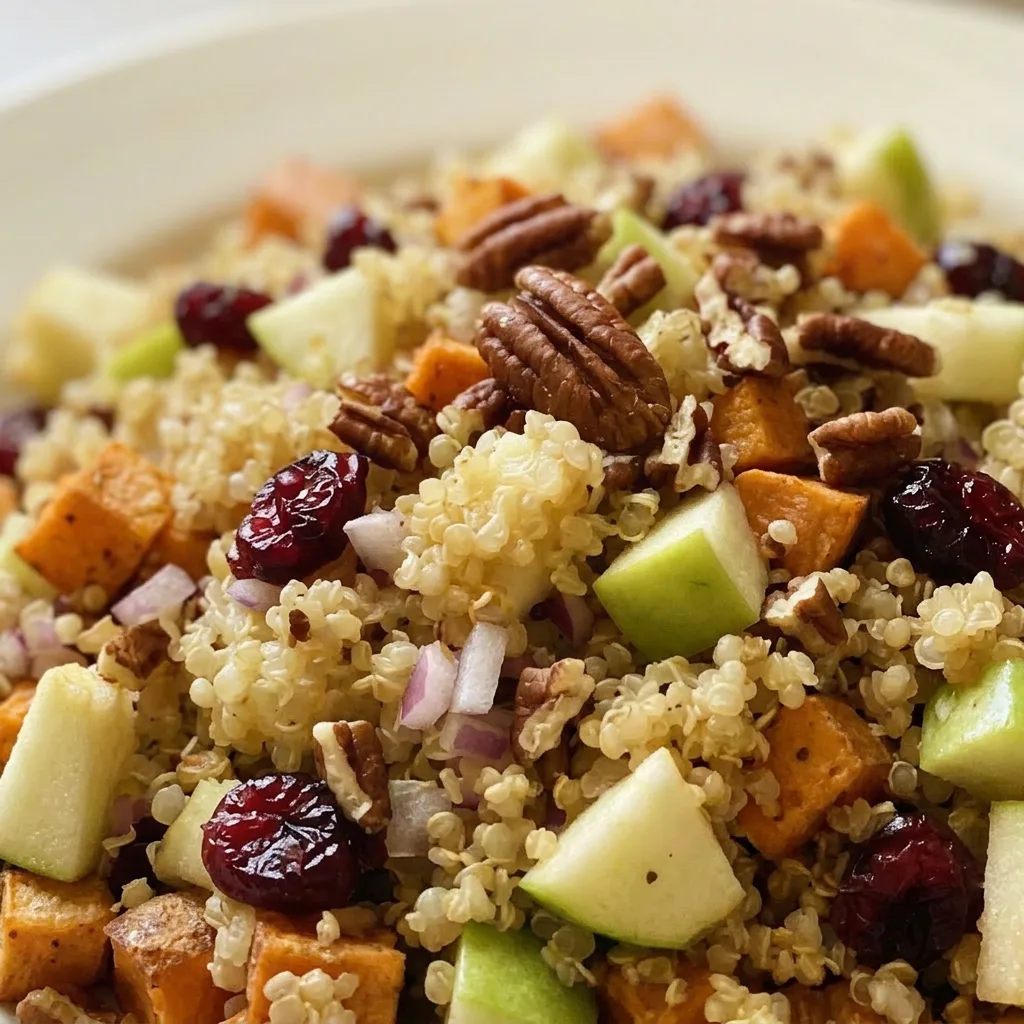 Zoomed in on a fork lifting quinoa mixed with sweet potato, apple, cranberries, and pecans.
