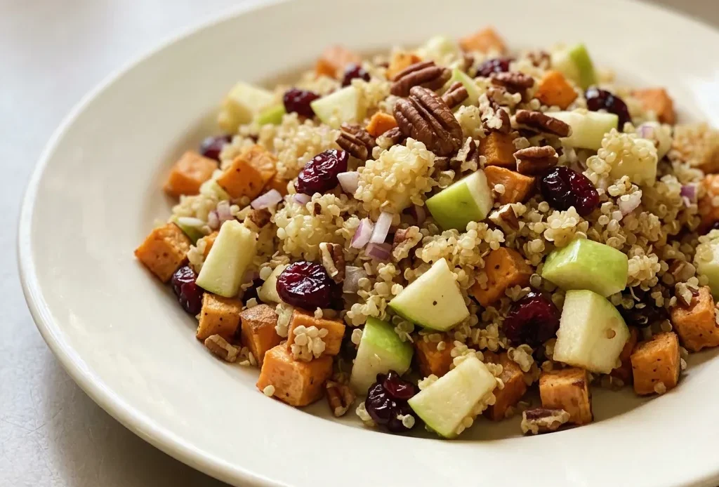 Bird's-eye view of a bowl of quinoa salad with sweet potato cubes, apple slices, dried cranberries, and pecan halves.