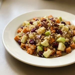Bird's-eye view of a bowl of quinoa salad with sweet potato cubes, apple slices, dried cranberries, and pecan halves.
