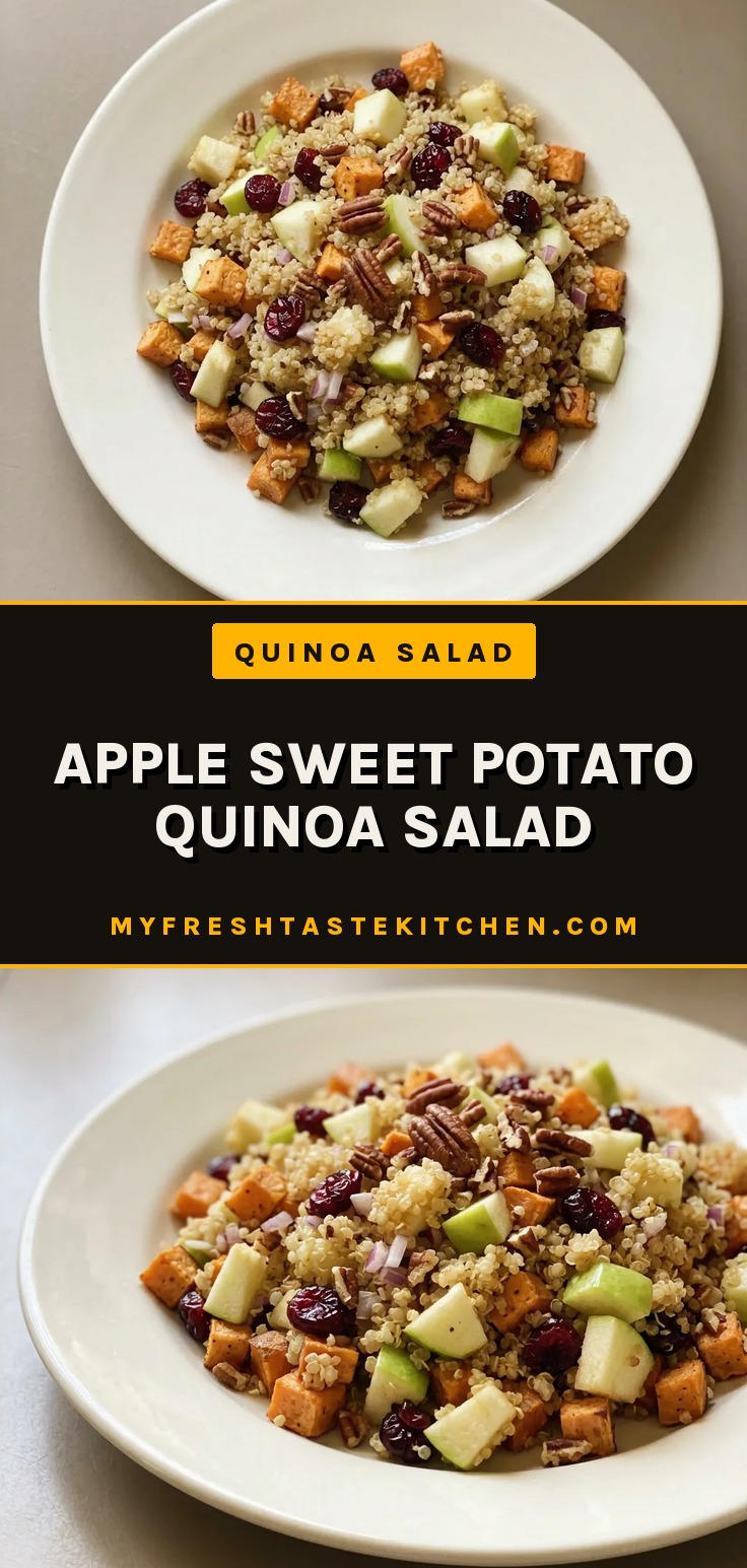 Bird's-eye view of a bowl of quinoa salad with sweet potato cubes, apple slices, dried cranberries, and pecan halves.
