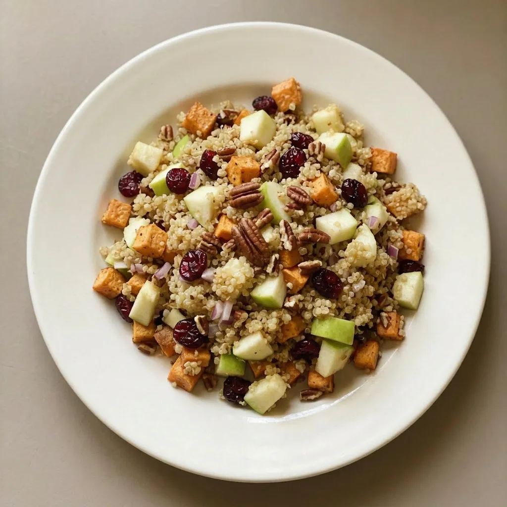 Ready to serve: a bowl of quinoa salad topped with roasted sweet potato, apple chunks, cranberries, and pecans.