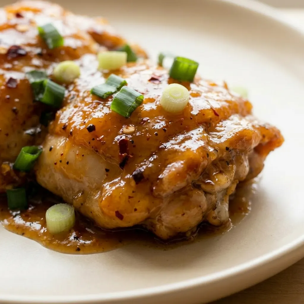 Macro detail of chicken thigh with sticky apricot glaze and specks of herbs.