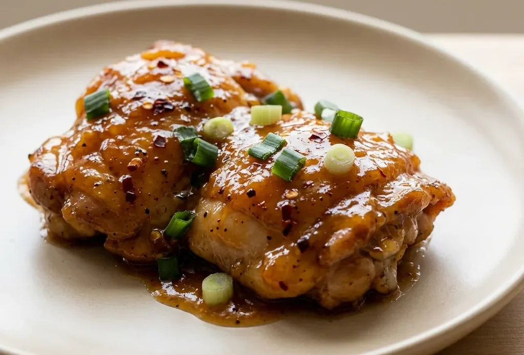 Top-down look at chicken thighs glazed with apricot preserves and a glossy sauce.