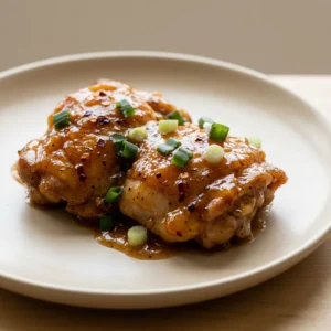 Top-down look at chicken thighs glazed with apricot preserves and a glossy sauce.