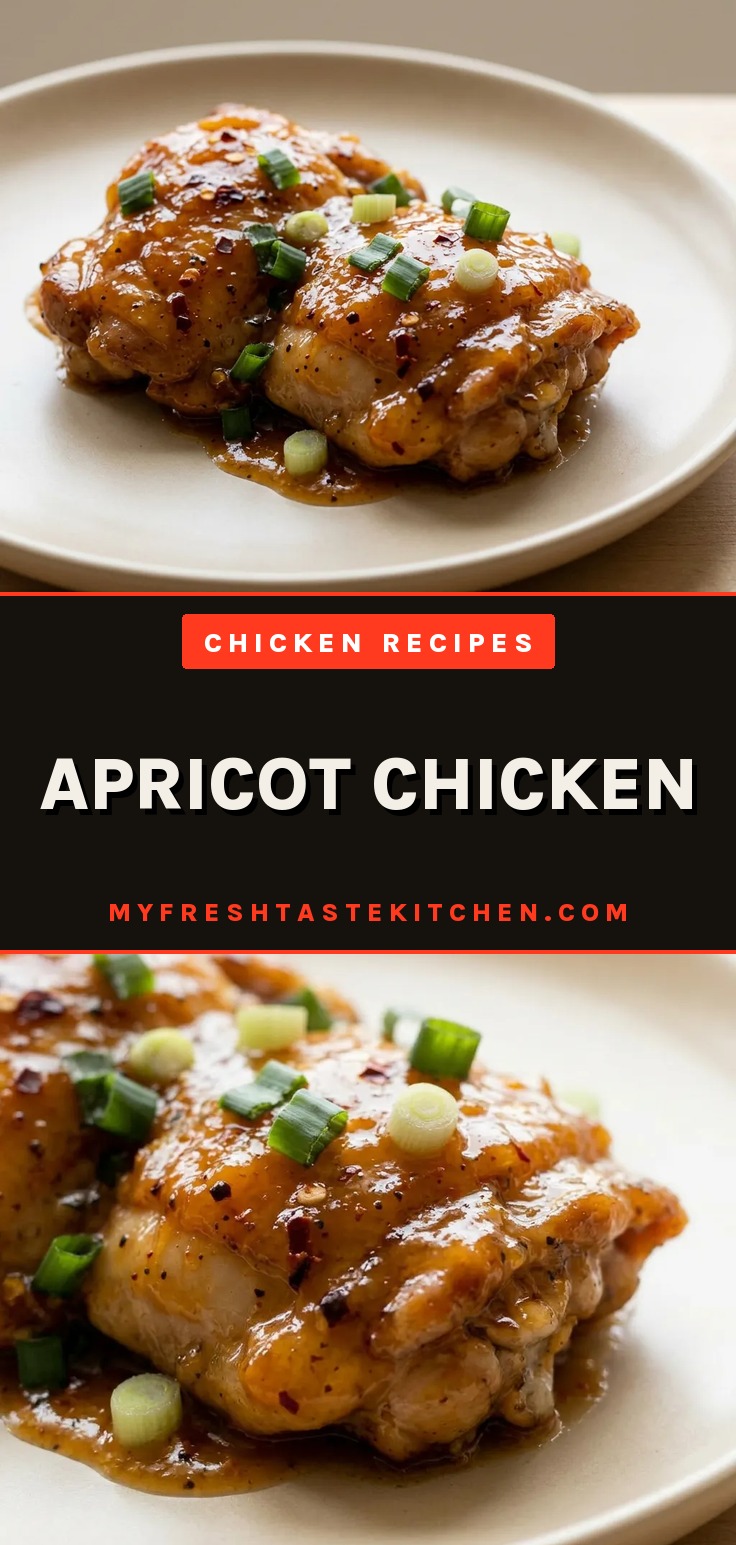 Top-down look at chicken thighs glazed with apricot preserves and a glossy sauce.