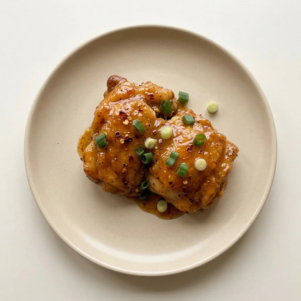 A serving of chicken thighs coated in a shiny orange-brown sauce with apricot pieces.