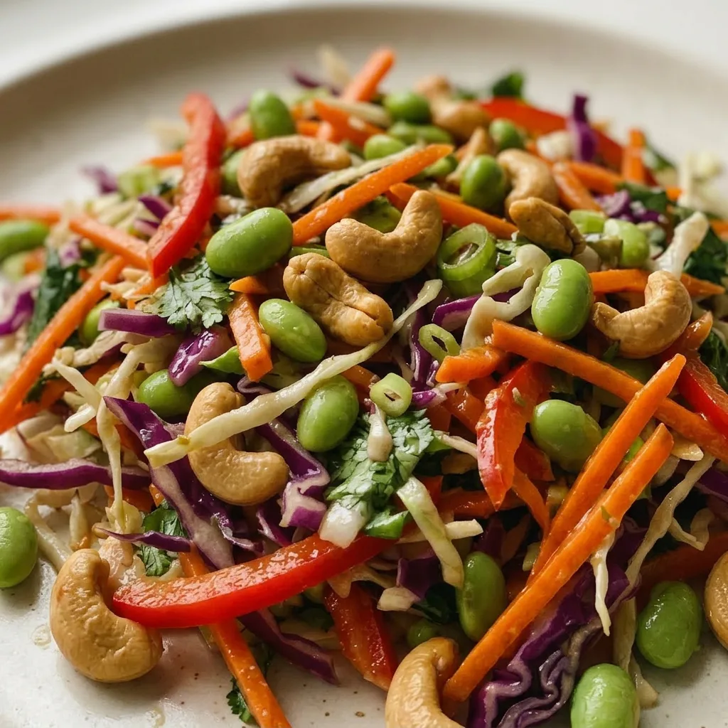 Up close, a forkful of cabbage, carrot, edamame, and cashew pieces coated in peanut dressing, with bell pepper and cilantro visible.