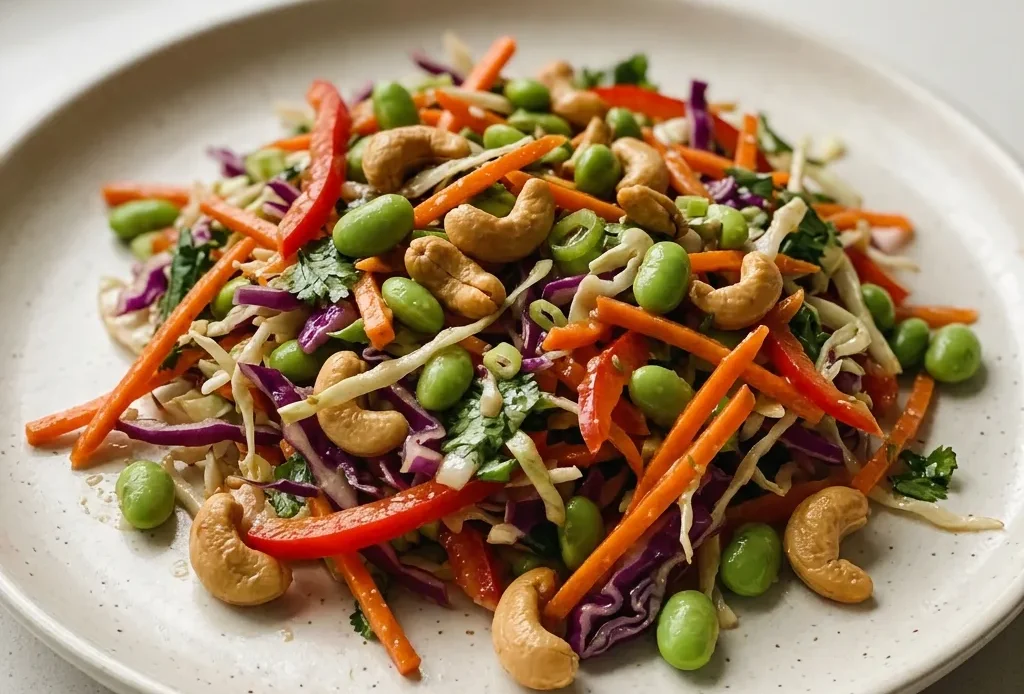 Looking down at a bed of shredded cabbage and carrots topped with bell pepper strips, cilantro, green onions, edamame, and cashews, drizzled with peanut butter dressing.