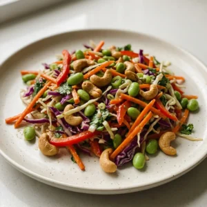 Looking down at a bed of shredded cabbage and carrots topped with bell pepper strips, cilantro, green onions, edamame, and cashews, drizzled with peanut butter dressing.