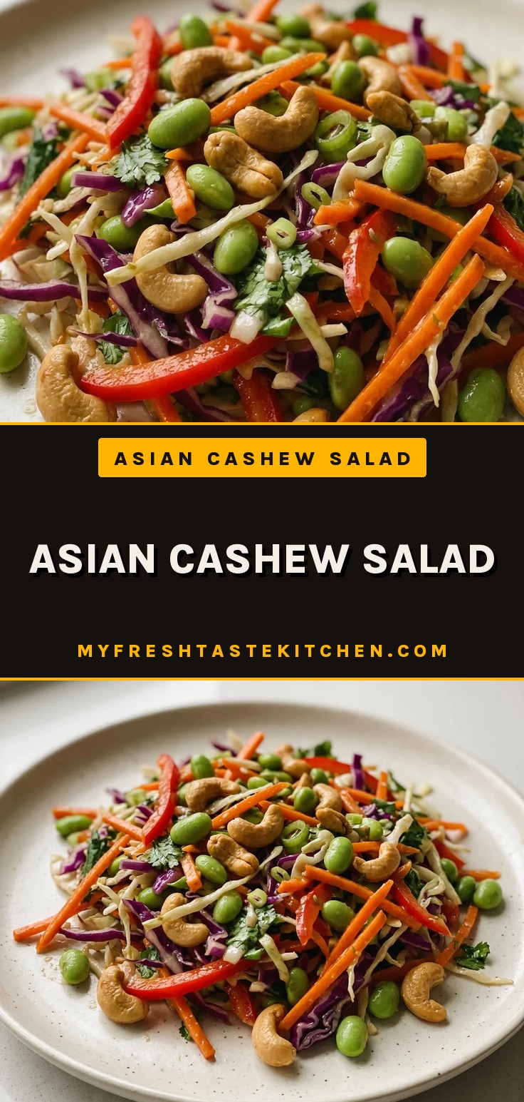 Asian Cashew Salad with shredded cabbage, carrots, bell pepper, cilantro, green onions, edamame, and cashews in a bowl.