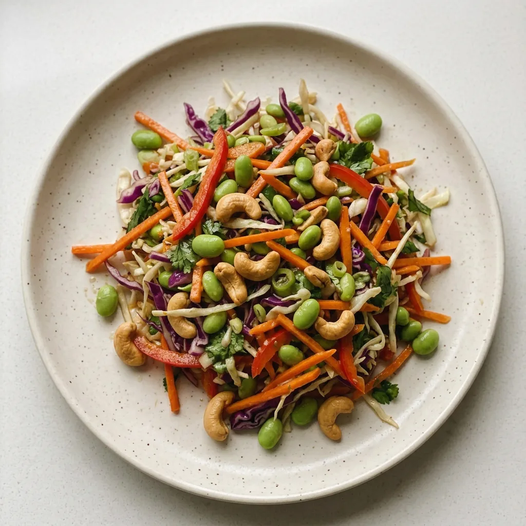 A plate of Asian cashew salad with cabbage, carrots, bell pepper, cilantro, green onions, edamame, and cashews, dressed in peanut butter sauce.