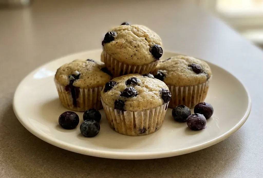 Top-down look at a round muffin with blueberries and banana slices on top, Greek yogurt visible in the batter.