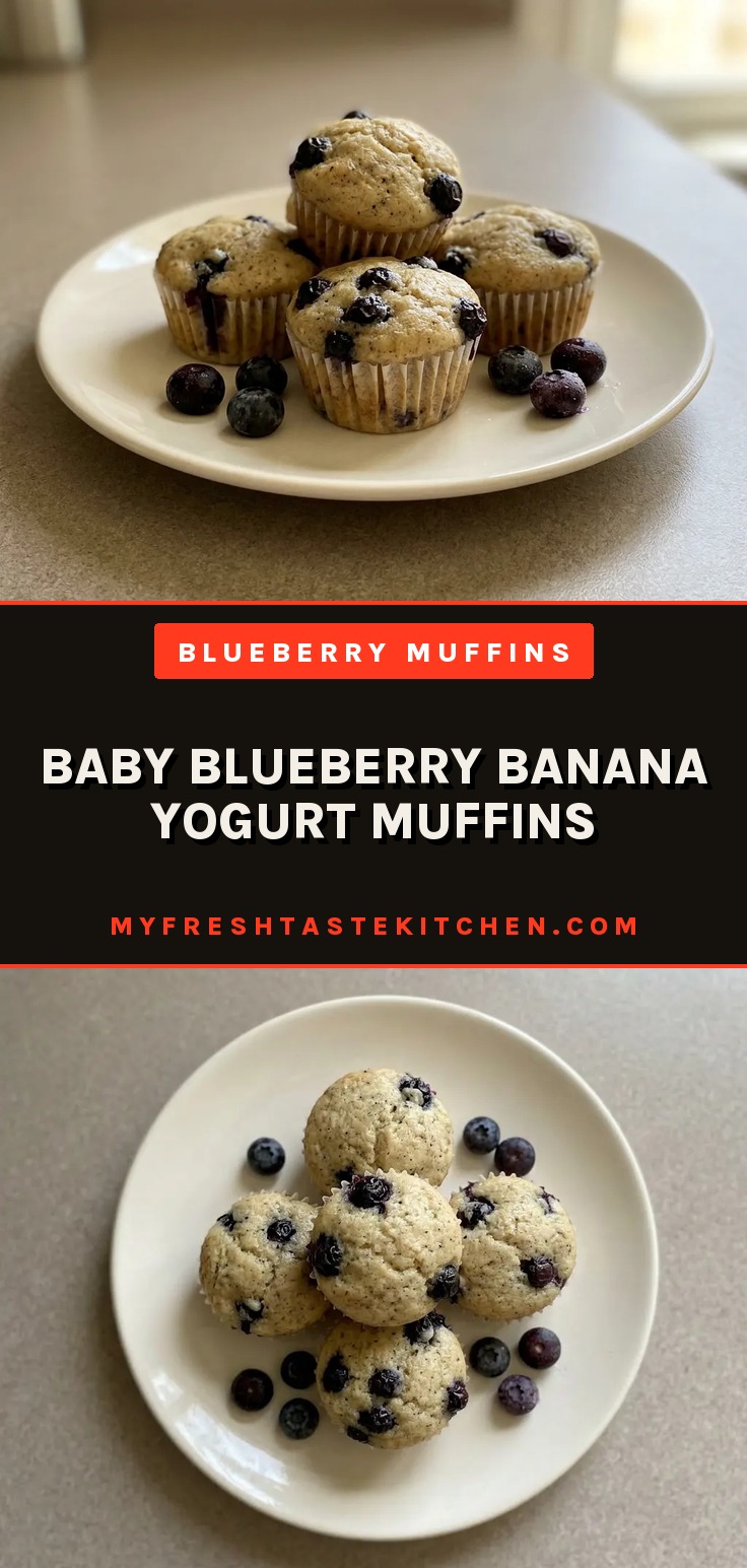 Top-down look at a round muffin with blueberries and banana slices on top, Greek yogurt visible in the batter.