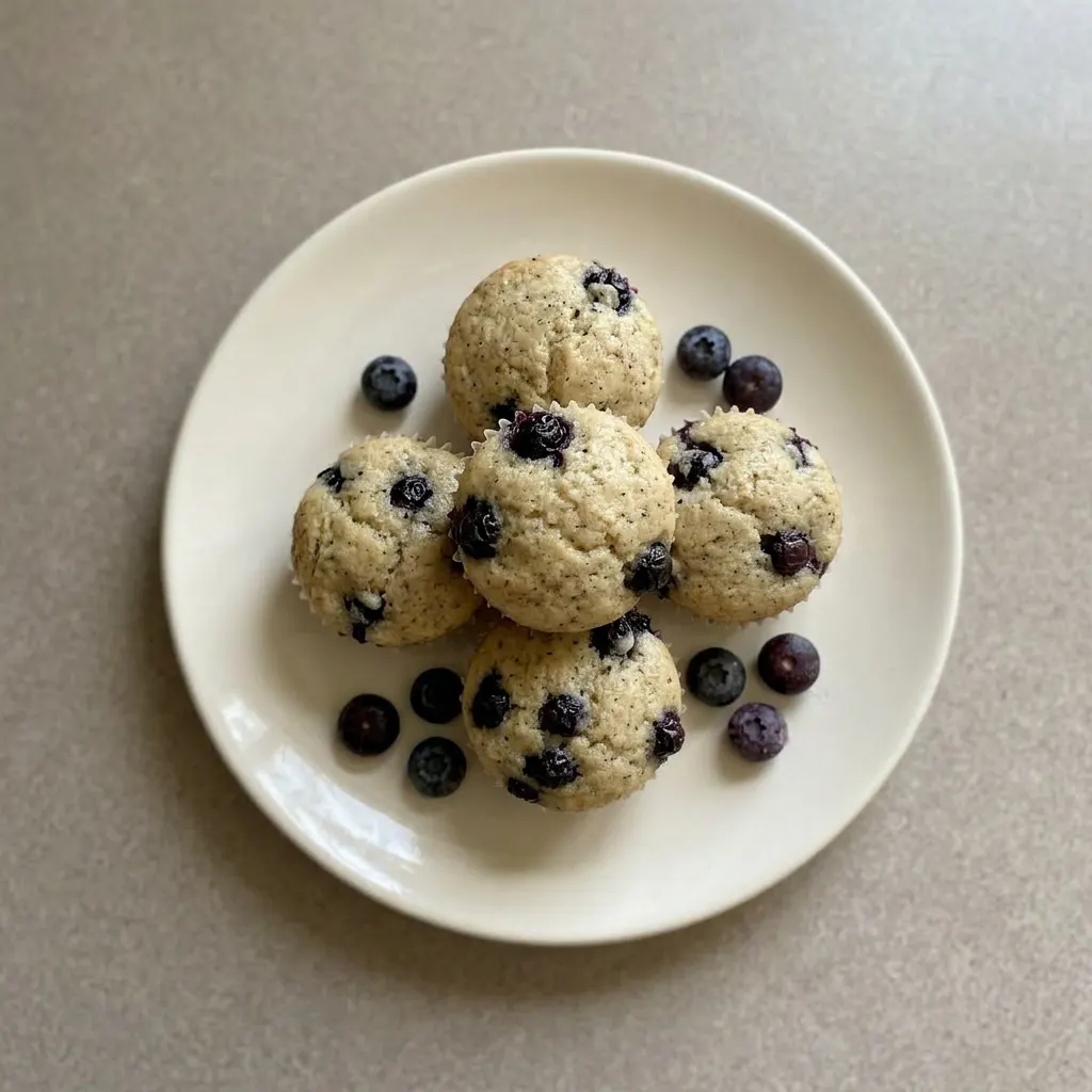 A serving of two small muffins topped with banana slices and blueberries, yogurt visible in the batter.