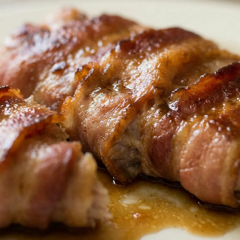 Close view of a bacon-wrapped pork chop with caramelized brown sugar glaze and crispy bacon edges.