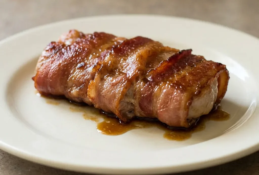Overhead shot of two pork chops each wrapped in a bacon slice with brown sugar glaze on top.