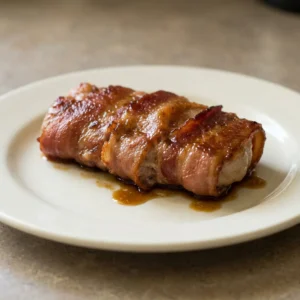 Overhead shot of two pork chops each wrapped in a bacon slice with brown sugar glaze on top.