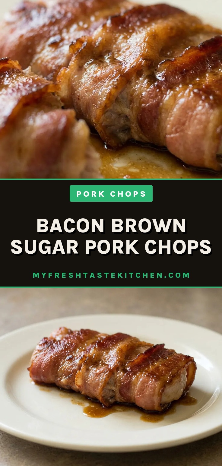 Overhead shot of two pork chops each wrapped in a bacon slice with brown sugar glaze on top.