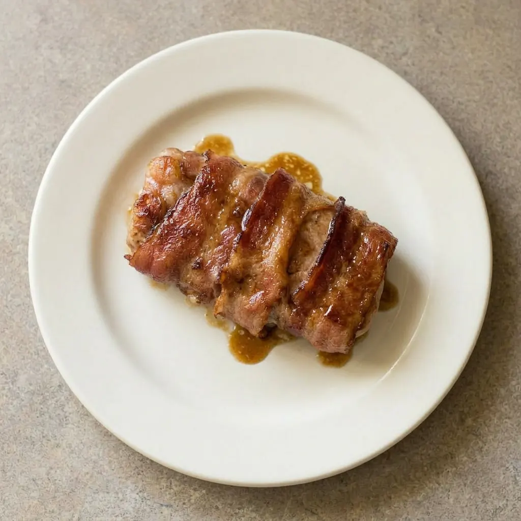 Plated pork chop with bacon and brown sugar glaze, garnished with a sprinkle of brown sugar.