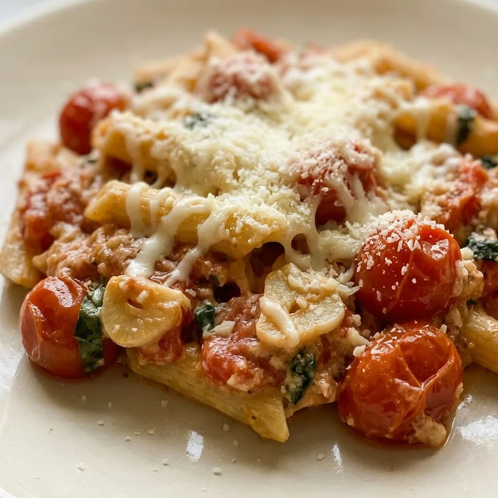 Macro detail of a forkful of pasta with gooey brie, a cherry tomato, and a basil leaf.