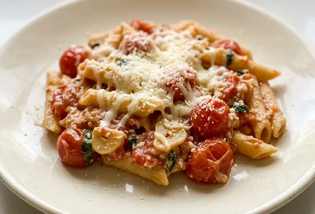 Top-down look at a bowl of pasta with melted brie, halved cherry tomatoes, and basil leaves.