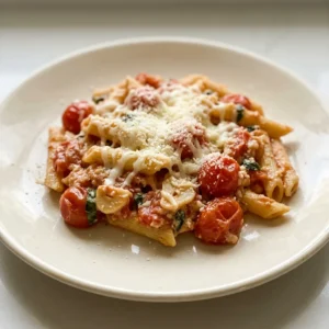 Top-down look at a bowl of pasta with melted brie, halved cherry tomatoes, and basil leaves.