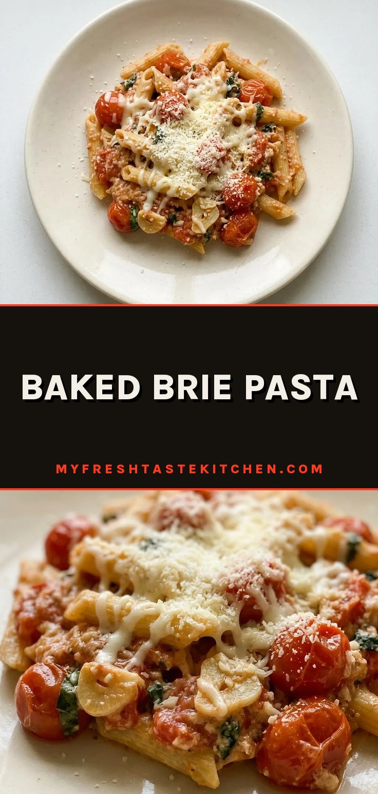 Top-down look at a bowl of pasta with melted brie, halved cherry tomatoes, and basil leaves.