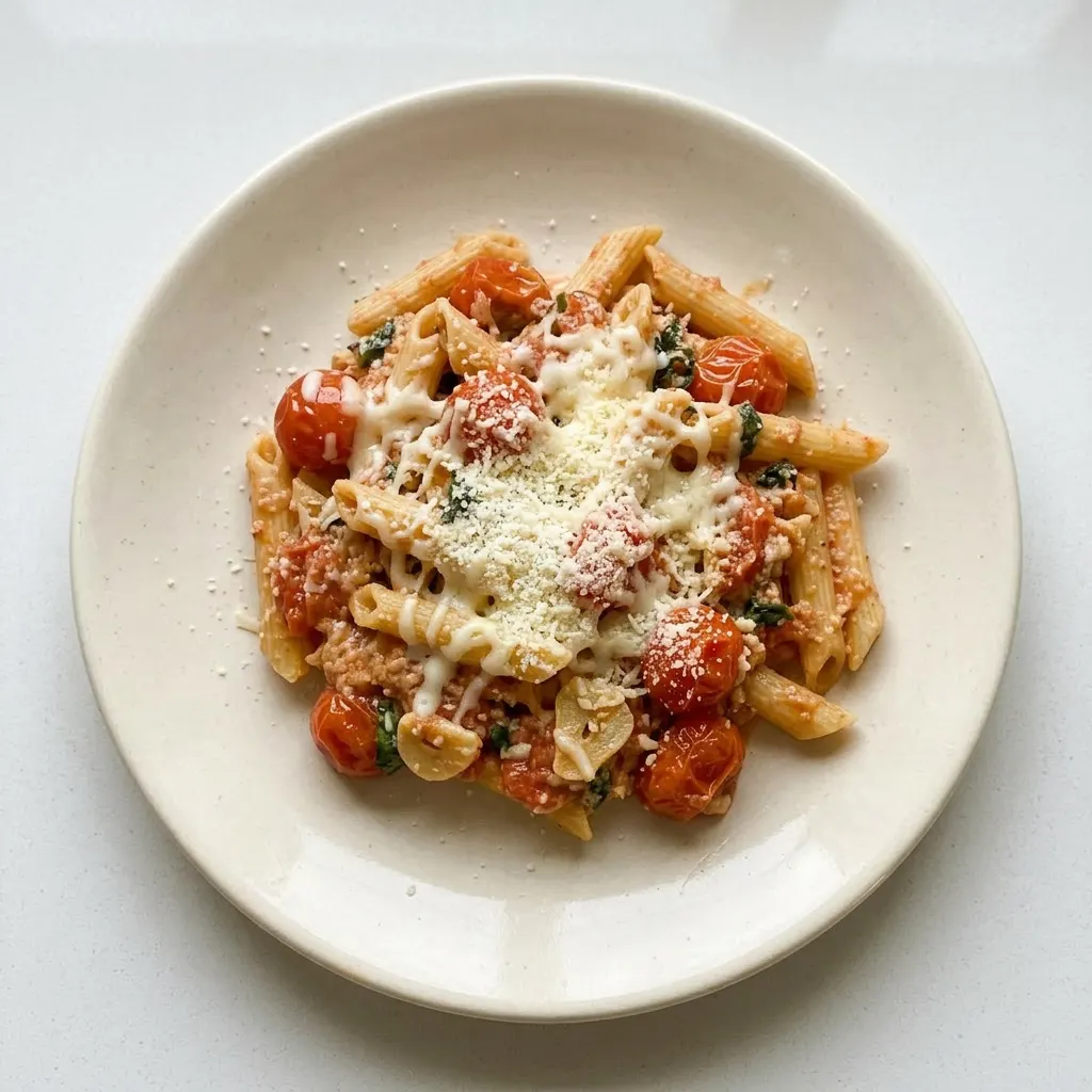 A serving of pasta in a bowl, topped with brie wedges, cherry tomatoes, and fresh basil.