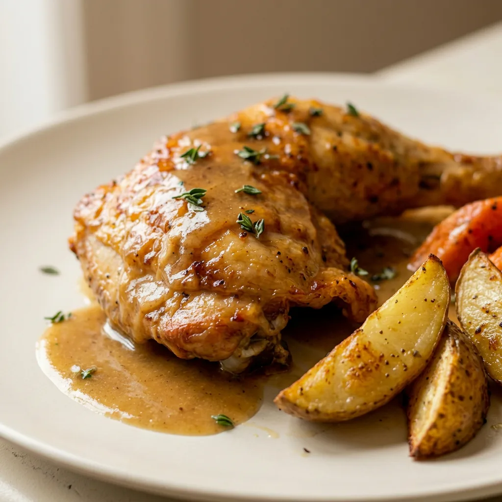 Zoomed in on a single chicken leg quarter with browned, crackling skin, topped with caramelized shallot slices and a garlic clove, with a side of roasted potato and carrot.