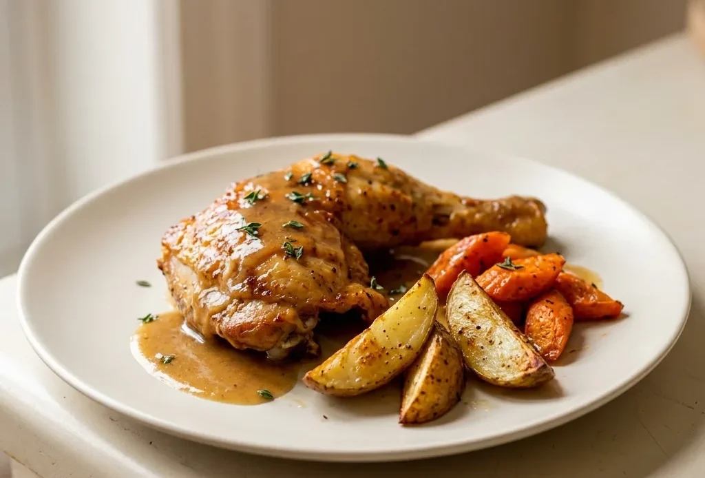 Bird's-eye view of two baked chicken leg quarters with crispy skin, surrounded by roasted potato wedges and carrot chunks, drizzled with a glossy maple-lemon glaze.