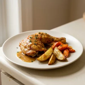 Bird's-eye view of two baked chicken leg quarters with crispy skin, surrounded by roasted potato wedges and carrot chunks, drizzled with a glossy maple-lemon glaze.