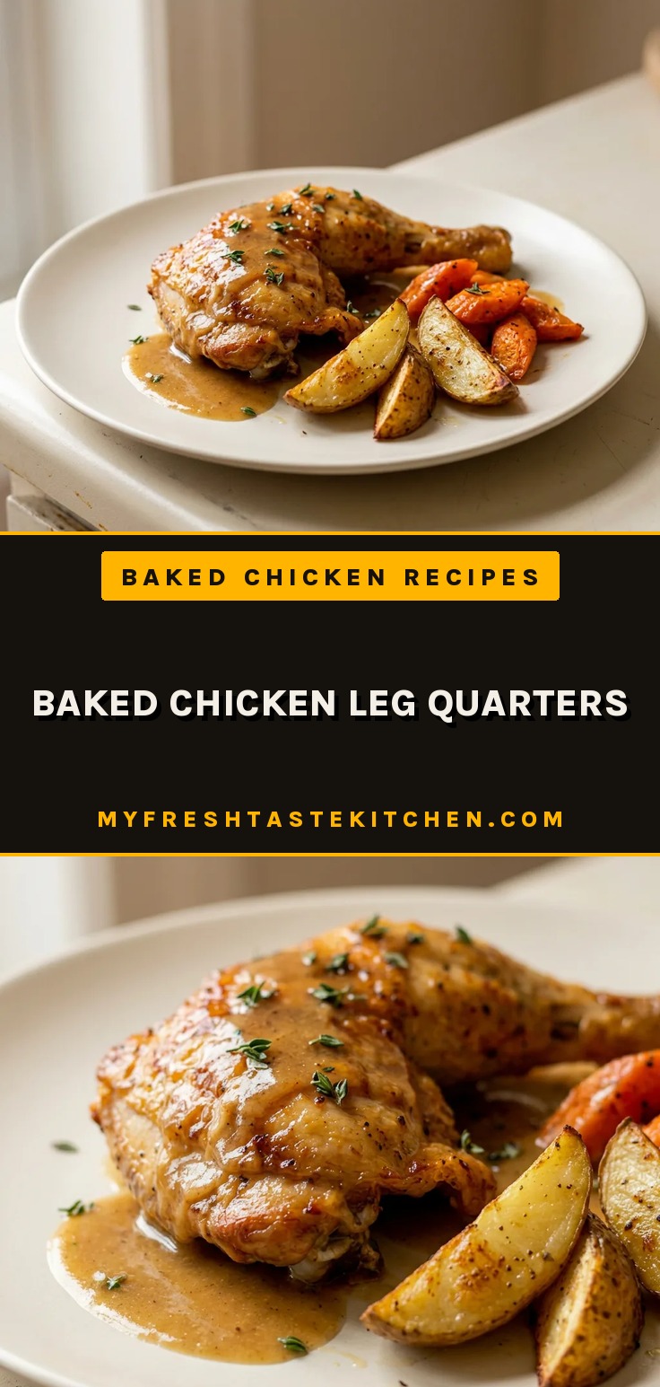 Bird's-eye view of two baked chicken leg quarters with crispy skin, surrounded by roasted potato wedges and carrot chunks, drizzled with a glossy maple-lemon glaze.