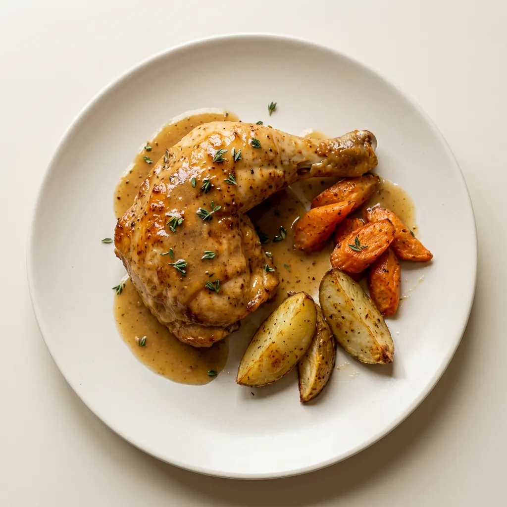 Ready to serve: a platter of baked chicken leg quarters glazed with maple syrup and lemon juice, accompanied by roasted potatoes and carrots, garnished with fresh parsley.