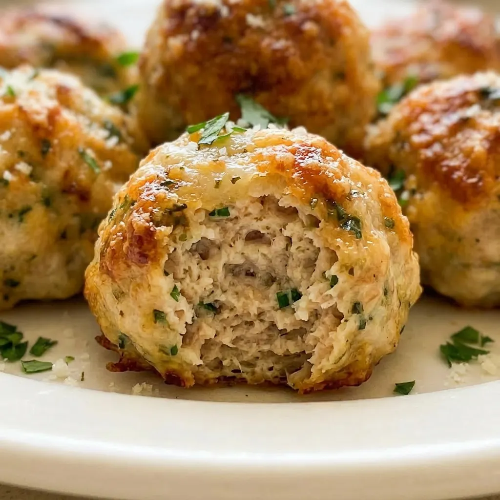 Macro detail of a chicken meatball with visible breadcrumb and cheese texture, garnished with parsley.