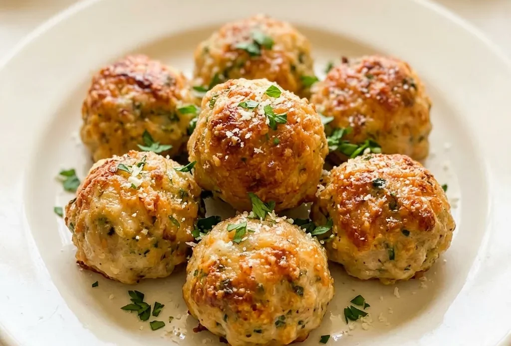 Top-down look at round chicken meatballs with parsley flecks on a white surface.