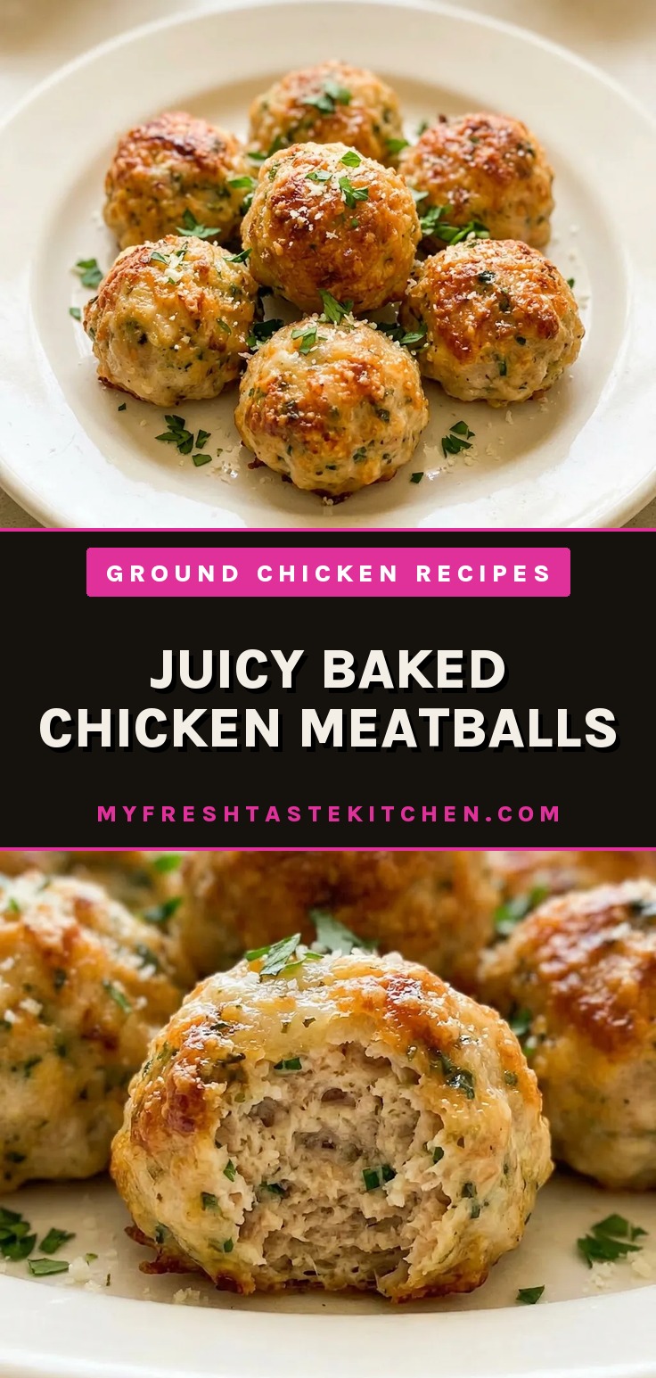 Top-down look at round chicken meatballs with parsley flecks on a white surface.
