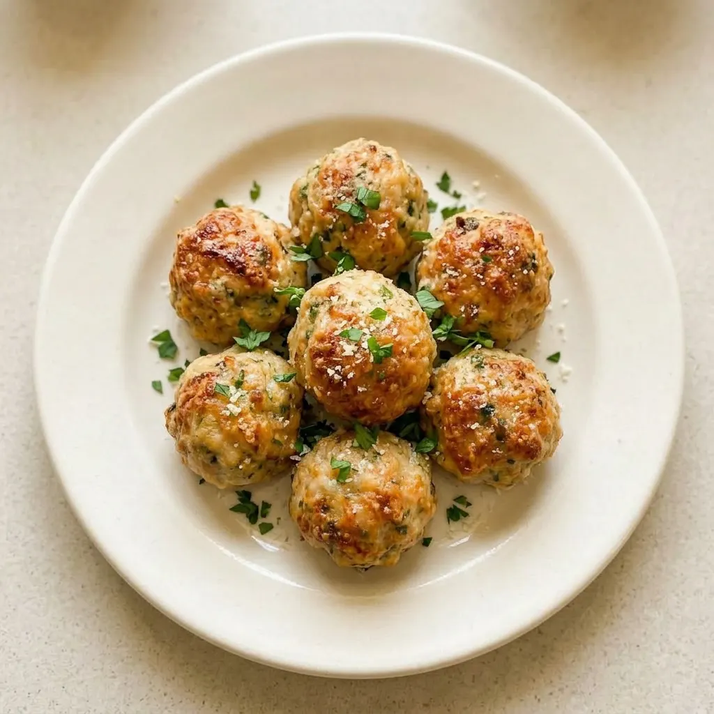 A serving of chicken meatballs with parsley, arranged on a platter.