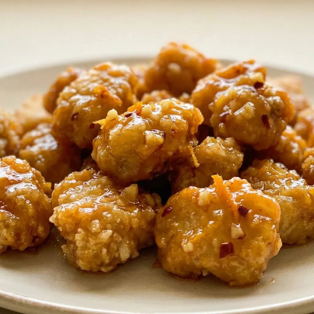 Close view of a glazed chicken thigh with orange sauce, ginger, and garlic bits, topped with sesame seeds.